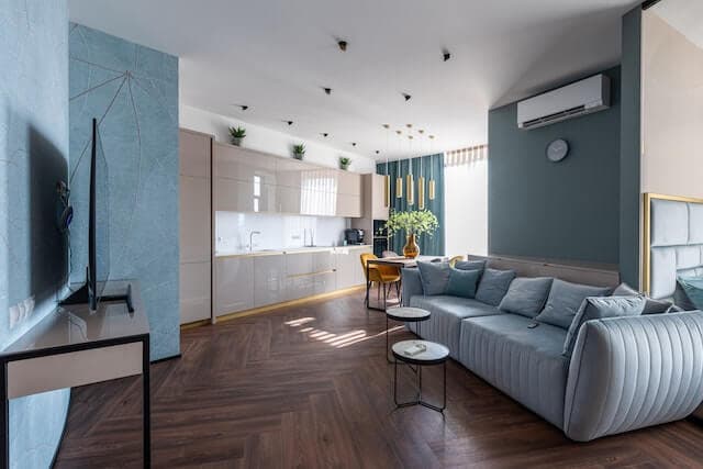 Renovated living room with pastel blue paint